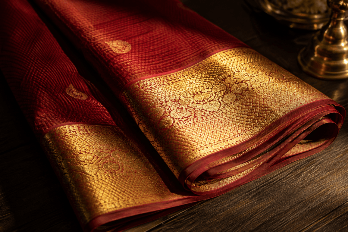 Kanjivaram silk saree in temple red with gold zari korvai border — Kanjivaram saree complete guide