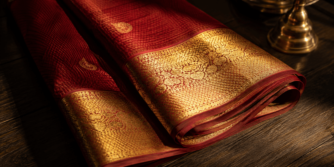 Kanjivaram silk saree in temple red with gold zari korvai border — Kanjivaram saree complete guide