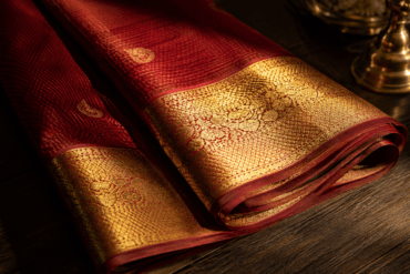 Kanjivaram silk saree in temple red with gold zari korvai border — Kanjivaram saree complete guide