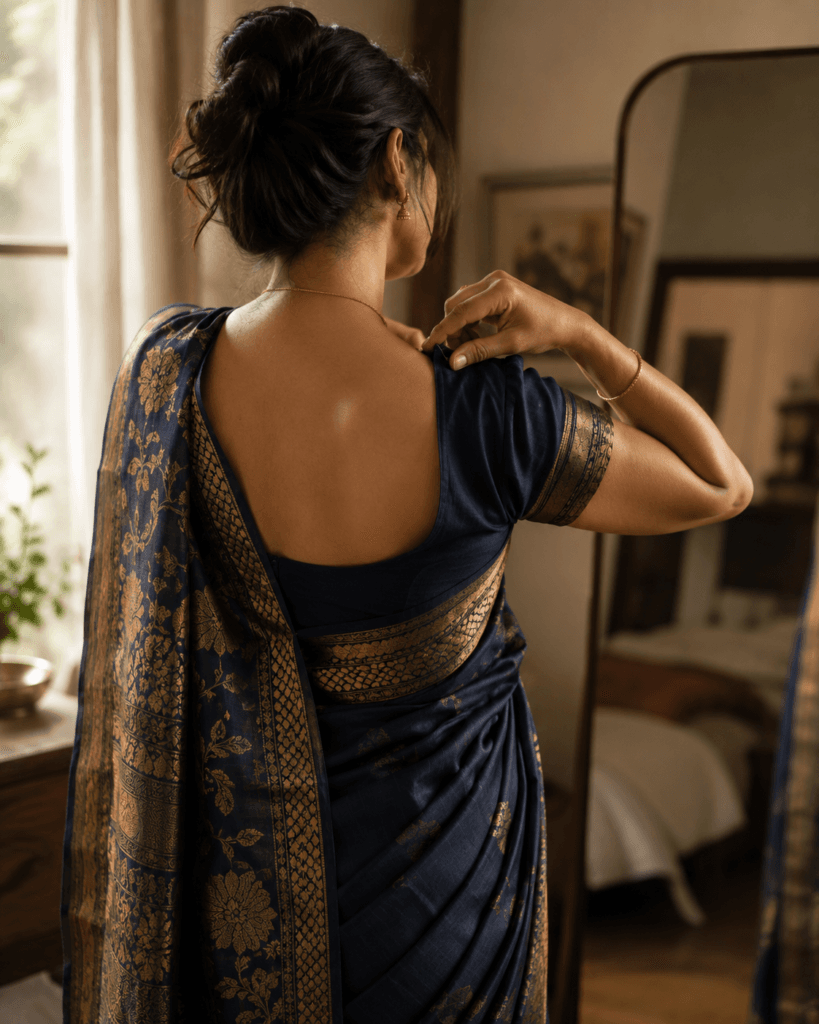 Woman pinning the saree pallu to her blouse shoulder for a secure drape