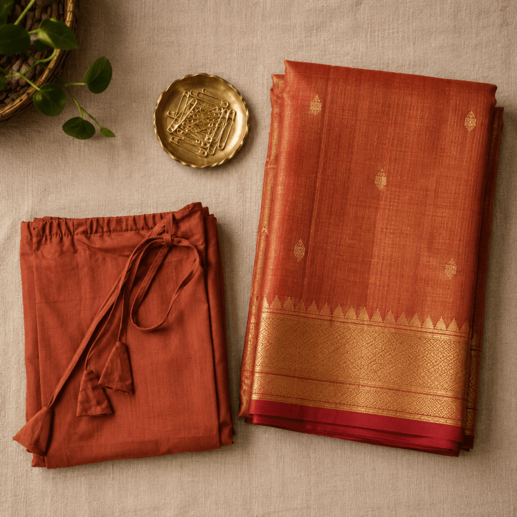 Flat lay of saree draping essentials — safety pins, petticoat, and folded saree