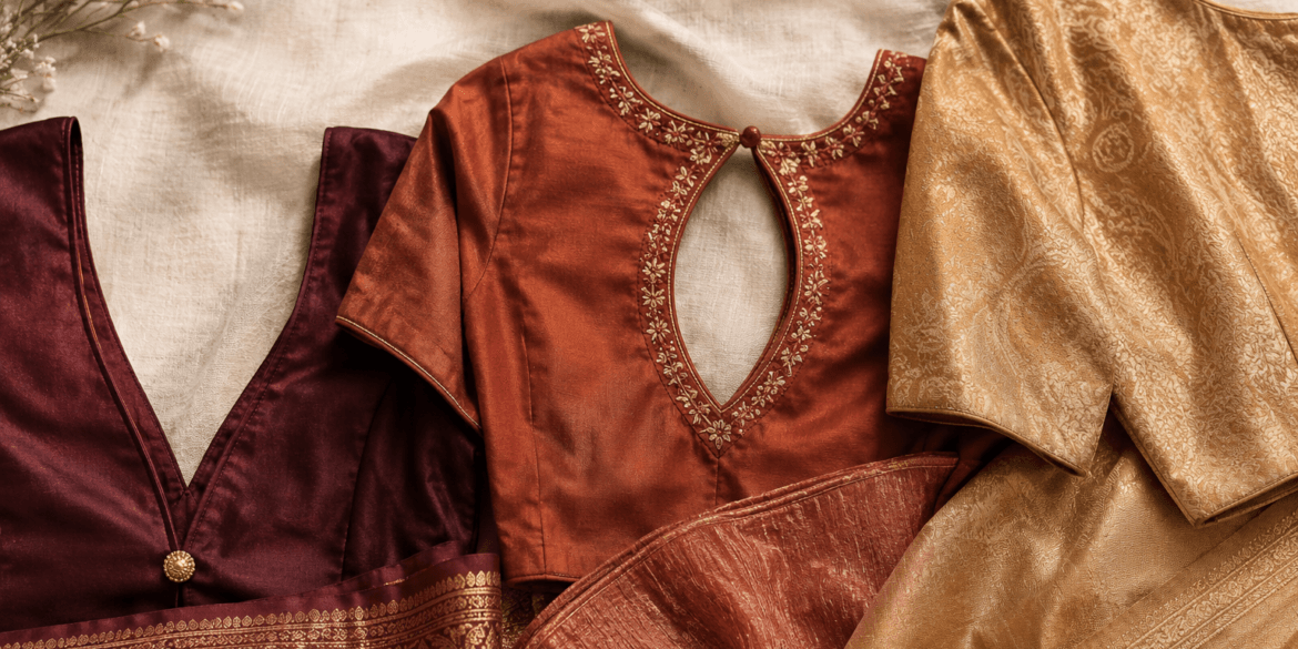 Three saree blouse back designs — deep V, keyhole, and brocade — styled together