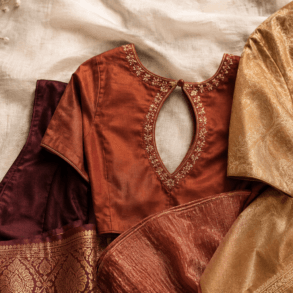 Three saree blouse back designs — deep V, keyhole, and brocade — styled together