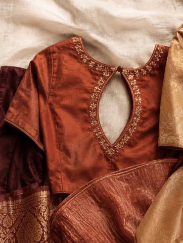 Three saree blouse back designs — deep V, keyhole, and brocade — styled together