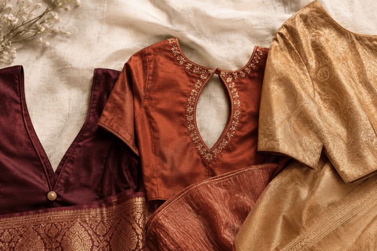Three saree blouse back designs — deep V, keyhole, and brocade — styled together