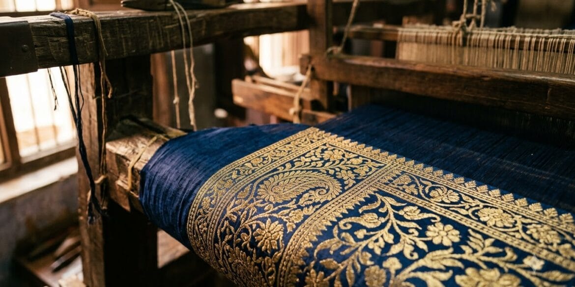 Real zari thread on a Banarasi saree border, tested against Varanasi loom light