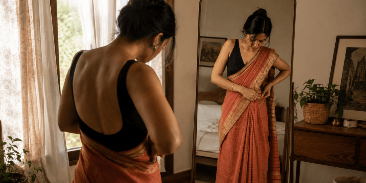 Woman draping a Nivi-style saree in front of a mirror, tucking pleats at the waist