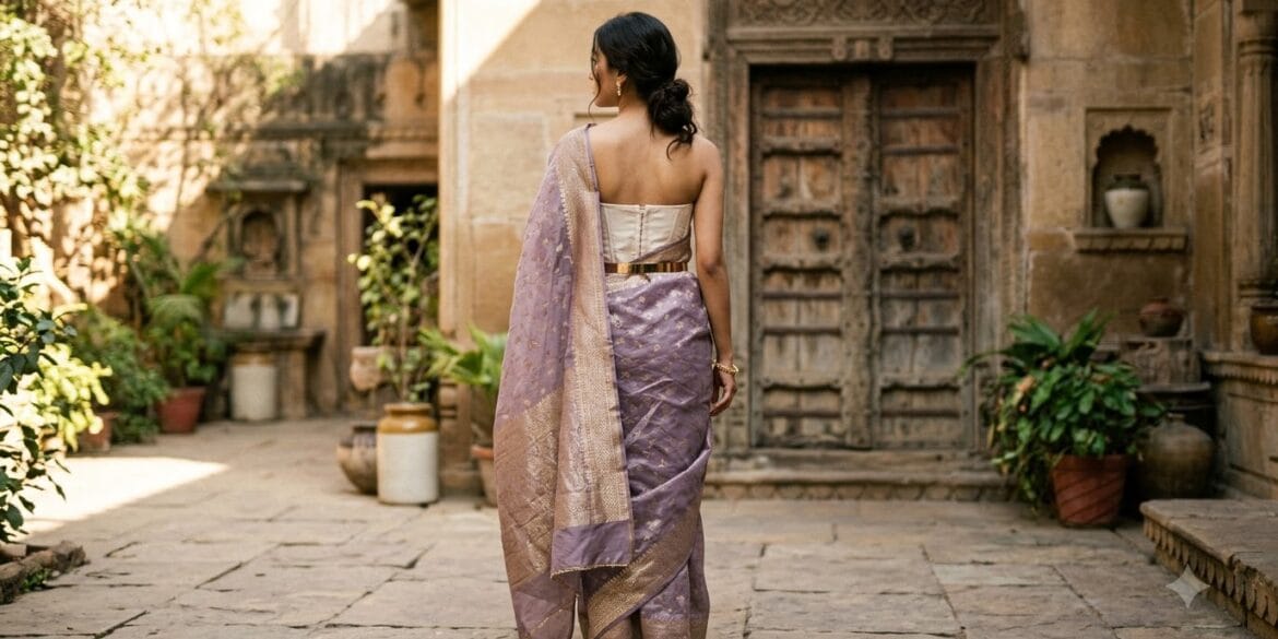 How to style a Banarasi saree — lilac organza draped with a corset and gold belt in Varanasi