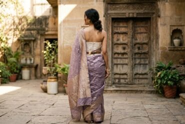 How to style a Banarasi saree — lilac organza draped with a corset and gold belt in Varanasi