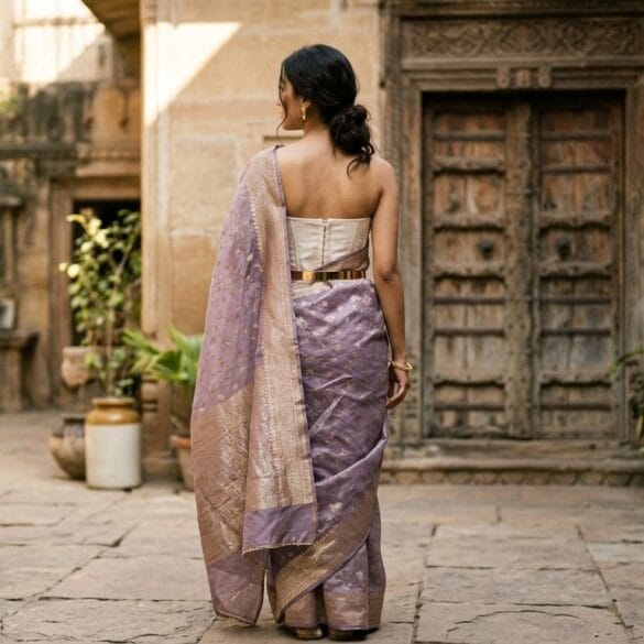 How to style a Banarasi saree — lilac organza draped with a corset and gold belt in Varanasi