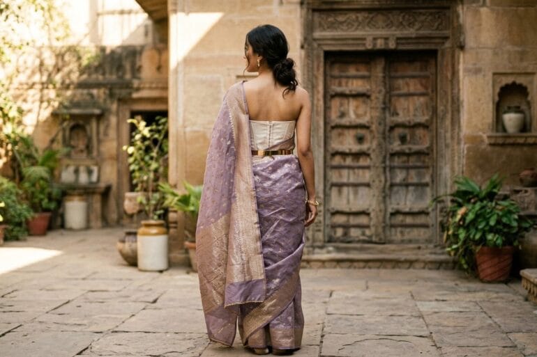 How to style a Banarasi saree — lilac organza draped with a corset and gold belt in Varanasi