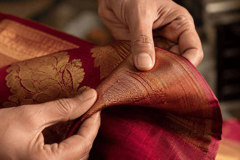 Hands checking the reverse side of a handloom saree for authentic weaving