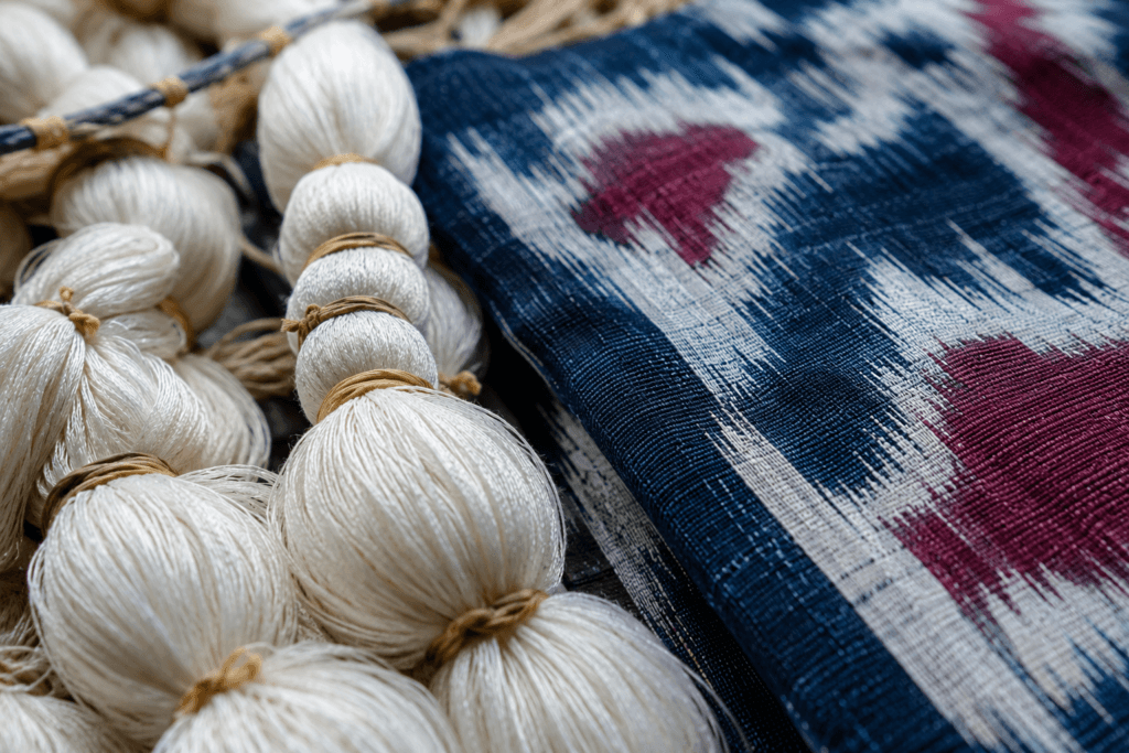 Ikat yarn being tie-dyed next to finished woven ikat fabric swatch