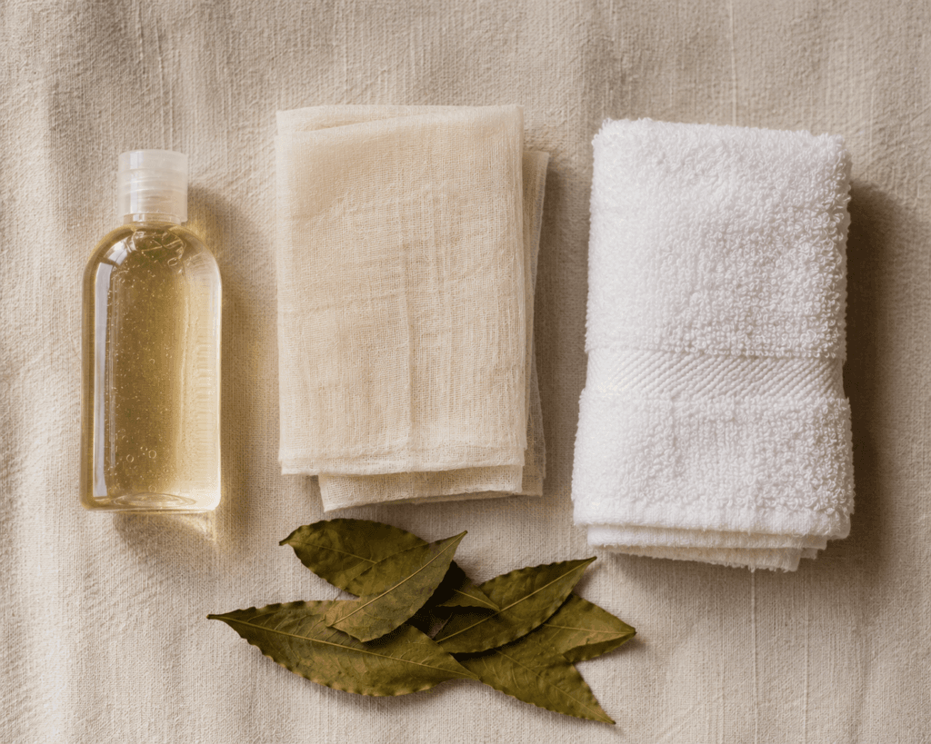 Saree care essentials flat lay — mild shampoo, muslin cloth, neem leaves