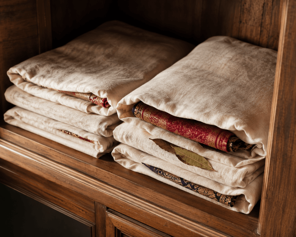 Saree storage almirah with folded handloom sarees wrapped in cotton cloth