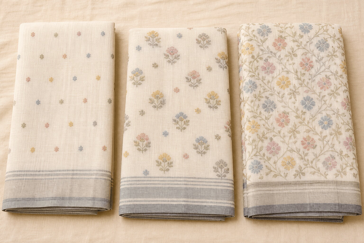 Three folded Jamdani sarees compared side by side showing different motif densities