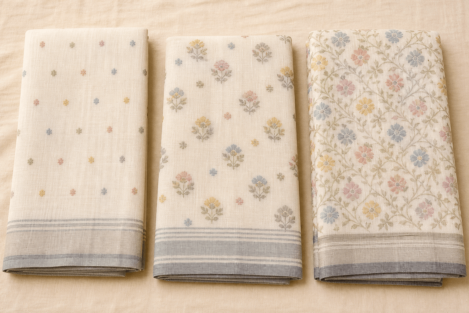 Three folded Jamdani sarees compared side by side showing different motif densities