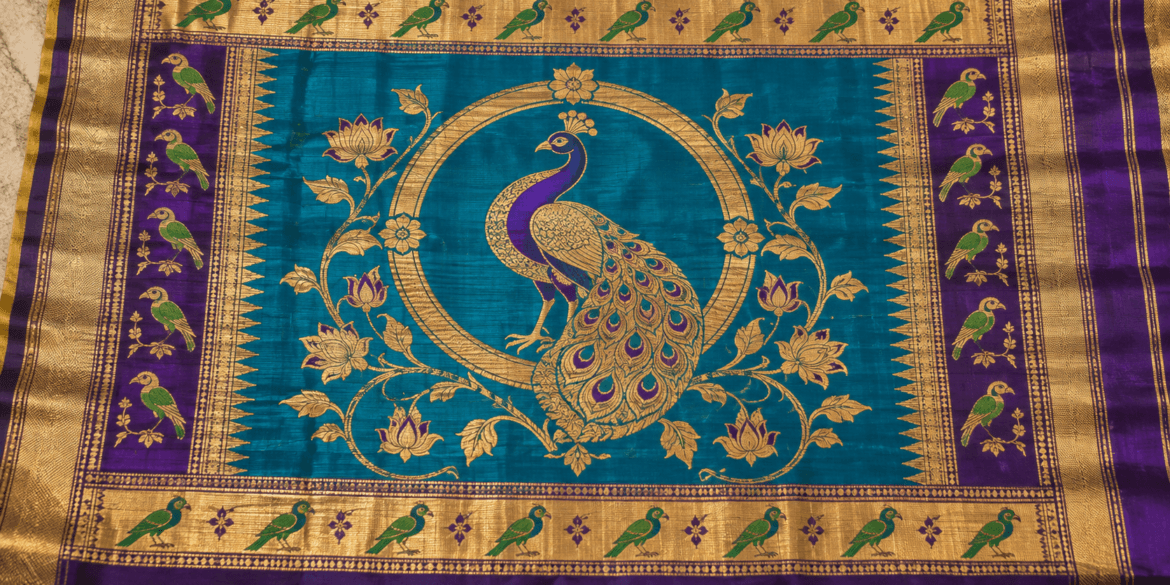 Authentic Paithani saree pallu with a woven peacock bangdi mor motif in gold zari on purple-turquoise silk
