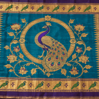 Authentic Paithani saree pallu with a woven peacock bangdi mor motif in gold zari on purple-turquoise silk