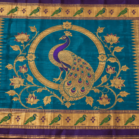 Authentic Paithani saree pallu with a woven peacock bangdi mor motif in gold zari on purple-turquoise silk