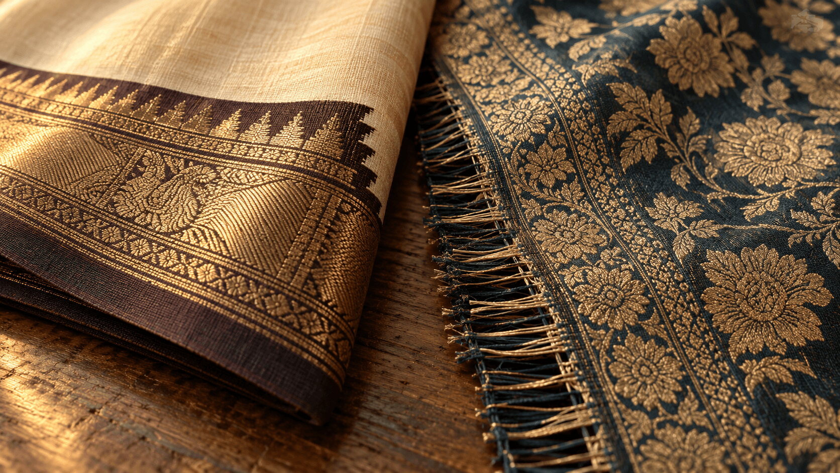 Close-up of Kanjivaram korvai border join compared to Banarasi naqsha brocade weave
