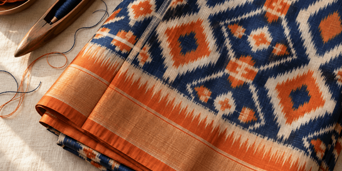 Folded Pochampally silk ikat saree showing geometric diamond pattern with feathered edges