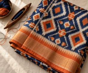 Folded Pochampally silk ikat saree showing geometric diamond pattern with feathered edges