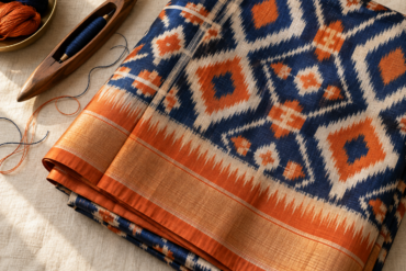 Folded Pochampally silk ikat saree showing geometric diamond pattern with feathered edges