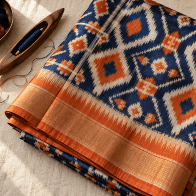 Folded Pochampally silk ikat saree showing geometric diamond pattern with feathered edges