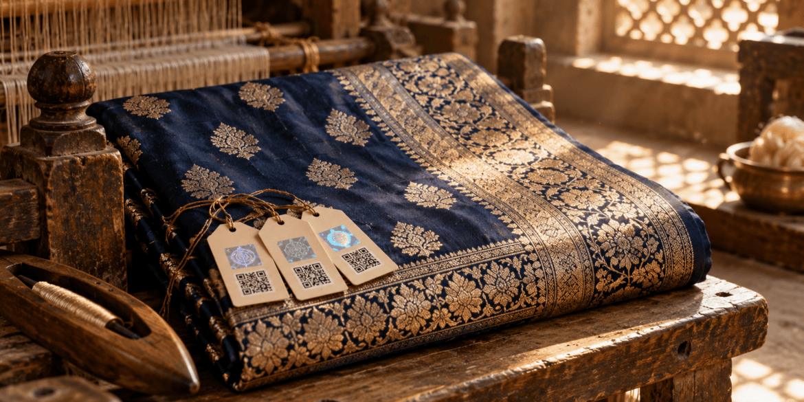 Handloom Mark, Silk Mark and GI tag hangtags on a gold-zari Banarasi silk saree