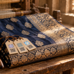 Handloom Mark, Silk Mark and GI tag hangtags on a gold-zari Banarasi silk saree