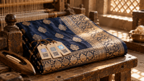 Handloom Mark, Silk Mark and GI tag hangtags on a gold-zari Banarasi silk saree