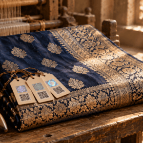 Handloom Mark, Silk Mark and GI tag hangtags on a gold-zari Banarasi silk saree