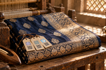 Handloom Mark, Silk Mark and GI tag hangtags on a gold-zari Banarasi silk saree