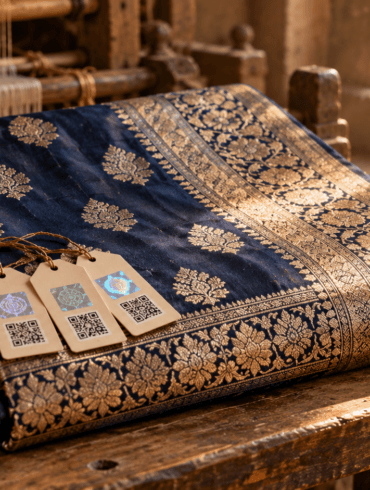 Handloom Mark, Silk Mark and GI tag hangtags on a gold-zari Banarasi silk saree