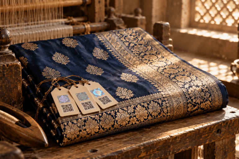 Handloom Mark, Silk Mark and GI tag hangtags on a gold-zari Banarasi silk saree