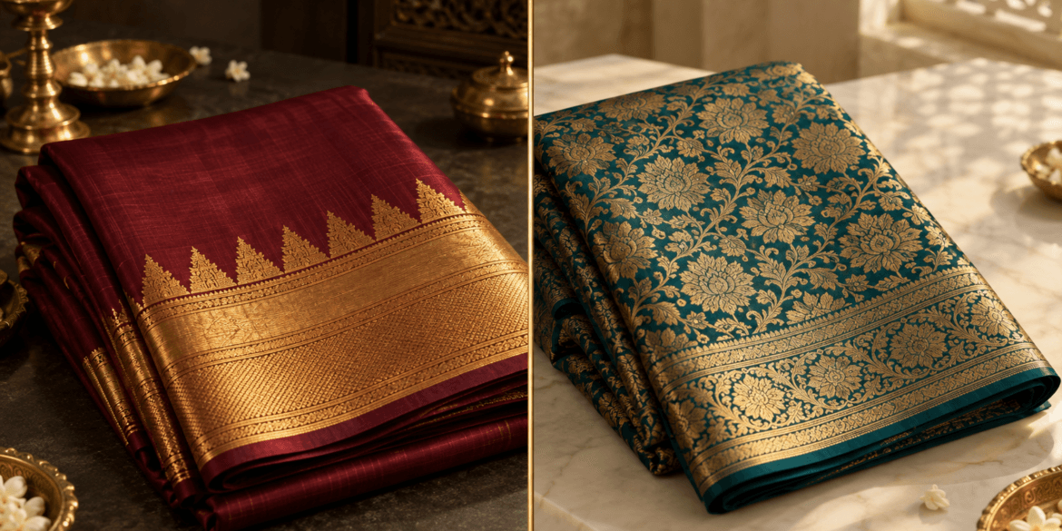 Kanjivaram silk saree and Banarasi silk saree folded side by side comparing border and brocade