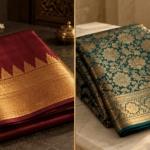 Kanjivaram silk saree and Banarasi silk saree folded side by side comparing border and brocade