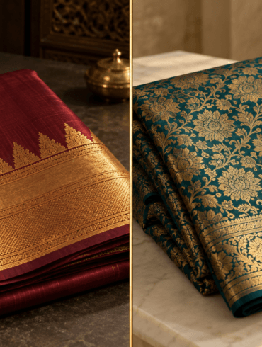 Kanjivaram silk saree and Banarasi silk saree folded side by side comparing border and brocade
