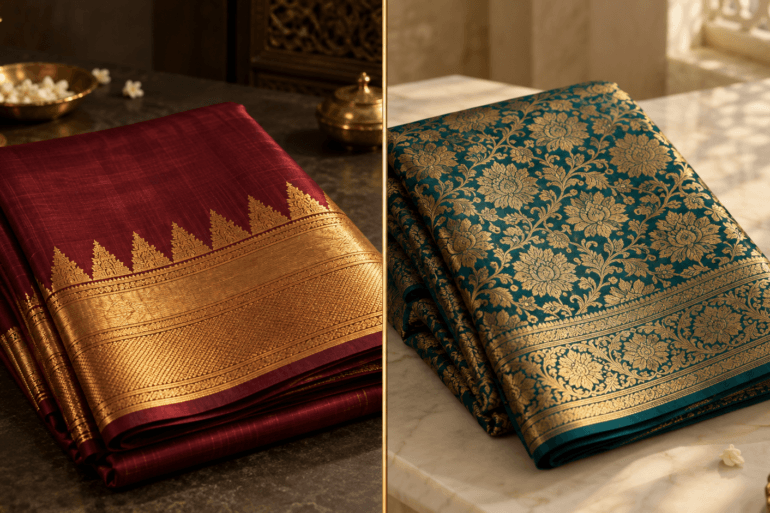 Kanjivaram silk saree and Banarasi silk saree folded side by side comparing border and brocade