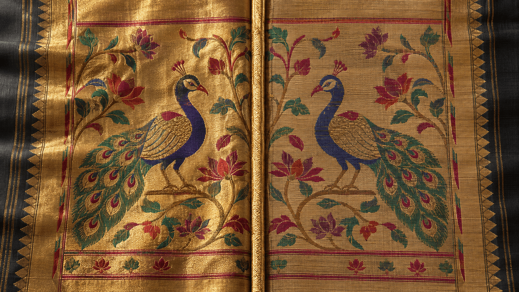 Reverse of an authentic Paithani saree pallu showing interlocked tapestry weave with no floating threads