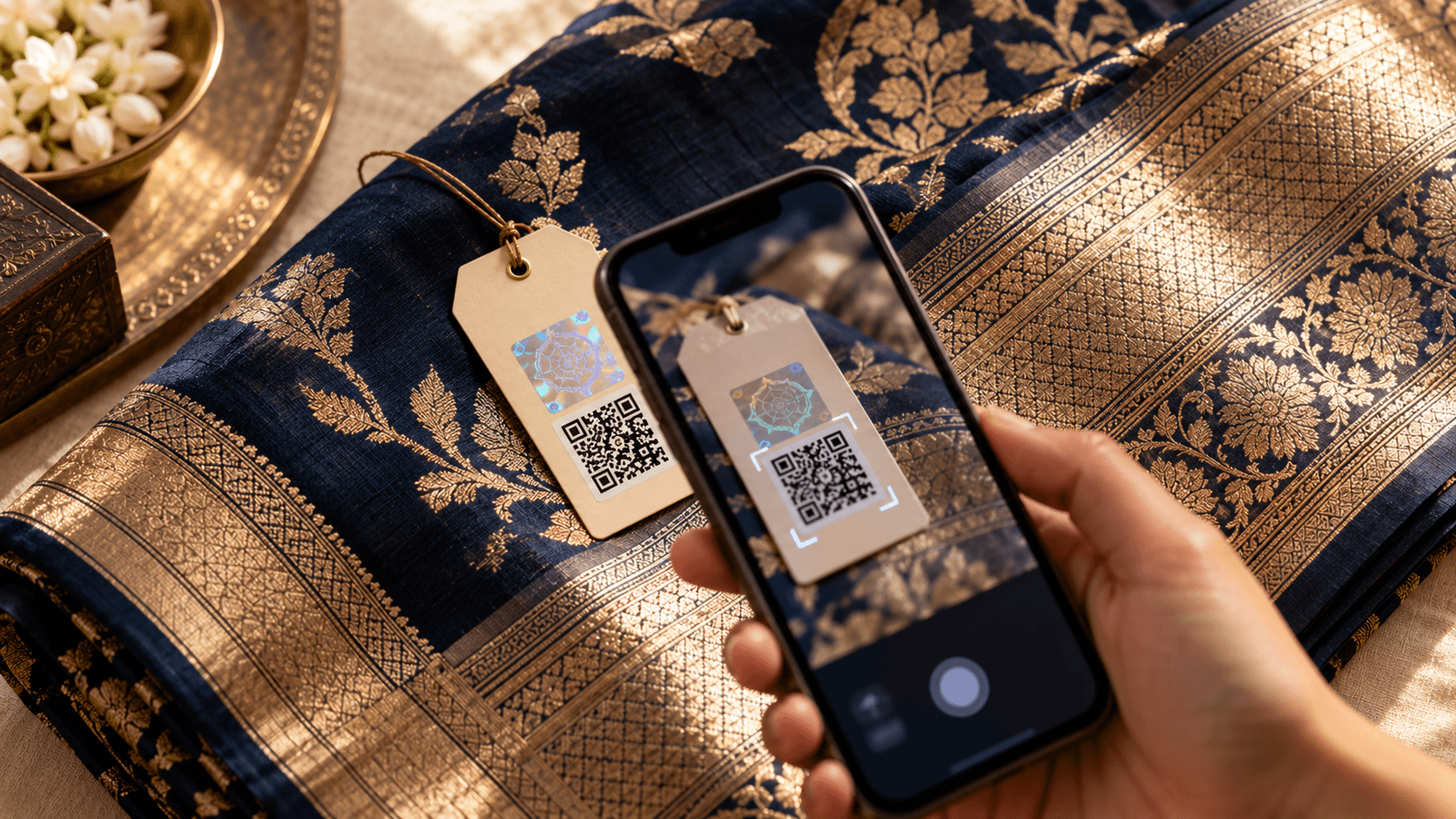 Scanning a silk saree hangtag QR code to verify a Silk Mark certification number
