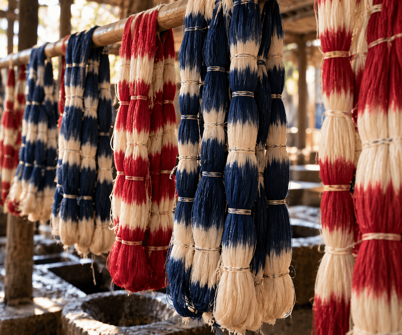 Silk yarn tied in sections and dip-dyed indigo and red during Pochampally ikat resist dyeing