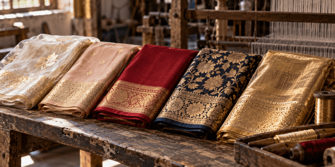 Banarasi saree price guide: katan, organza, georgette and tissue Banarasi sarees folded on a Varanasi loom bench