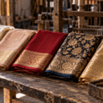 Banarasi saree price guide: katan, organza, georgette and tissue Banarasi sarees folded on a Varanasi loom bench