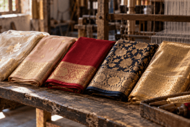 Banarasi saree price guide: katan, organza, georgette and tissue Banarasi sarees folded on a Varanasi loom bench
