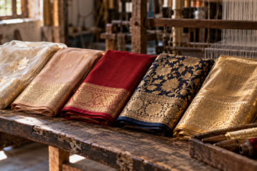 Banarasi saree price guide: katan, organza, georgette and tissue Banarasi sarees folded on a Varanasi loom bench