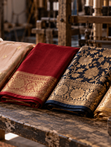 Banarasi saree price guide: katan, organza, georgette and tissue Banarasi sarees folded on a Varanasi loom bench
