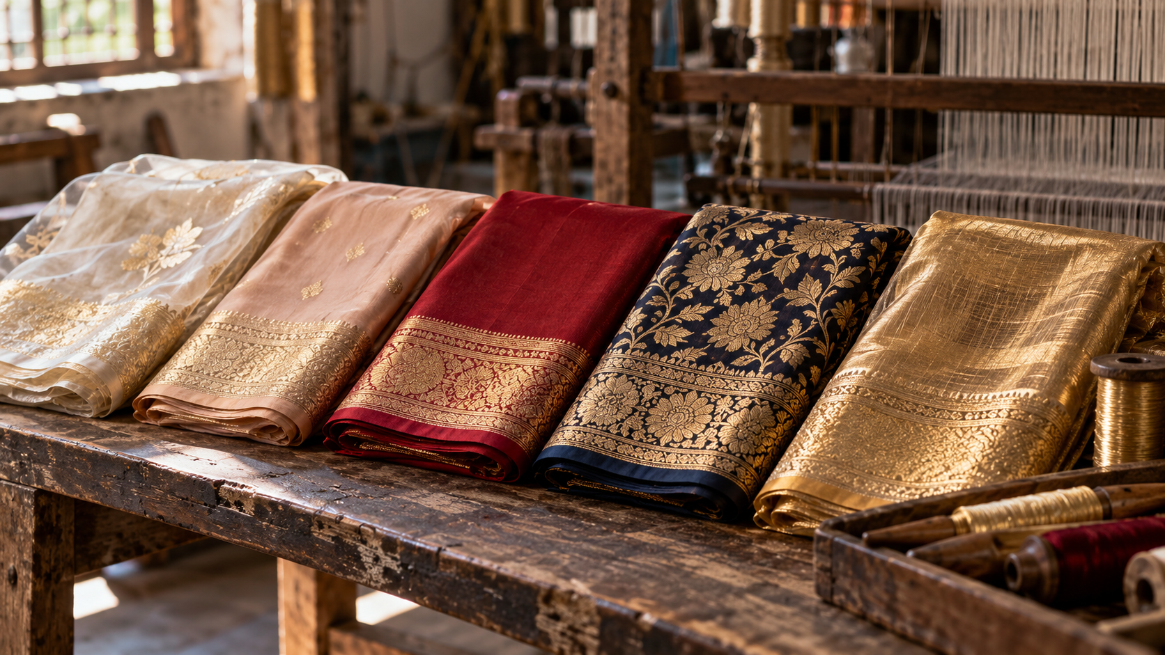 Banarasi saree price guide: katan, organza, georgette and tissue Banarasi sarees folded on a Varanasi loom bench