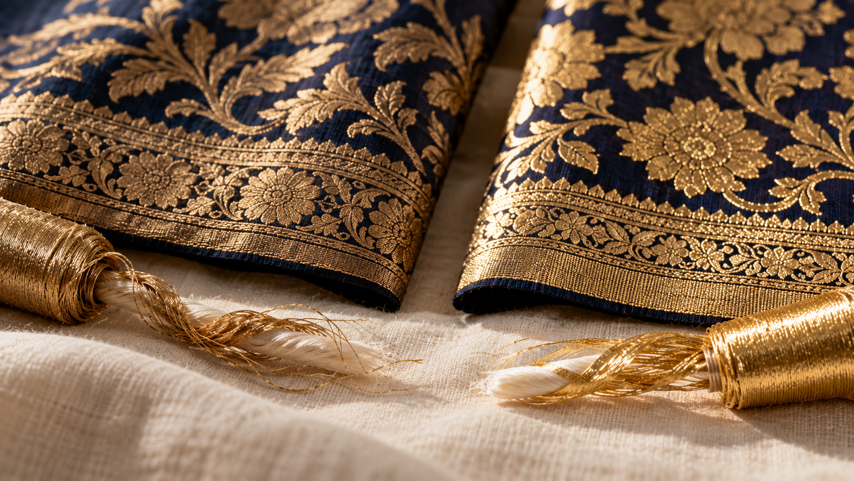 Close-up of real gold zari beside tested zari thread on a Banarasi katan saree, showing the price difference in metal